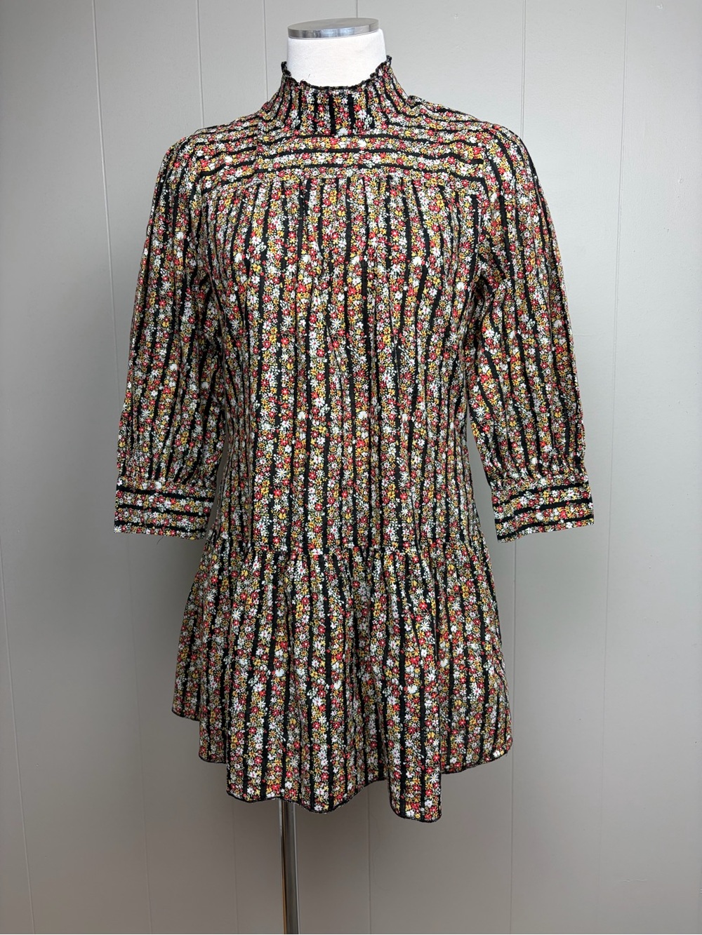 Vintage Free People Prairie Mini Dress Floral Mock Neck Boho Cottagecore Size 8